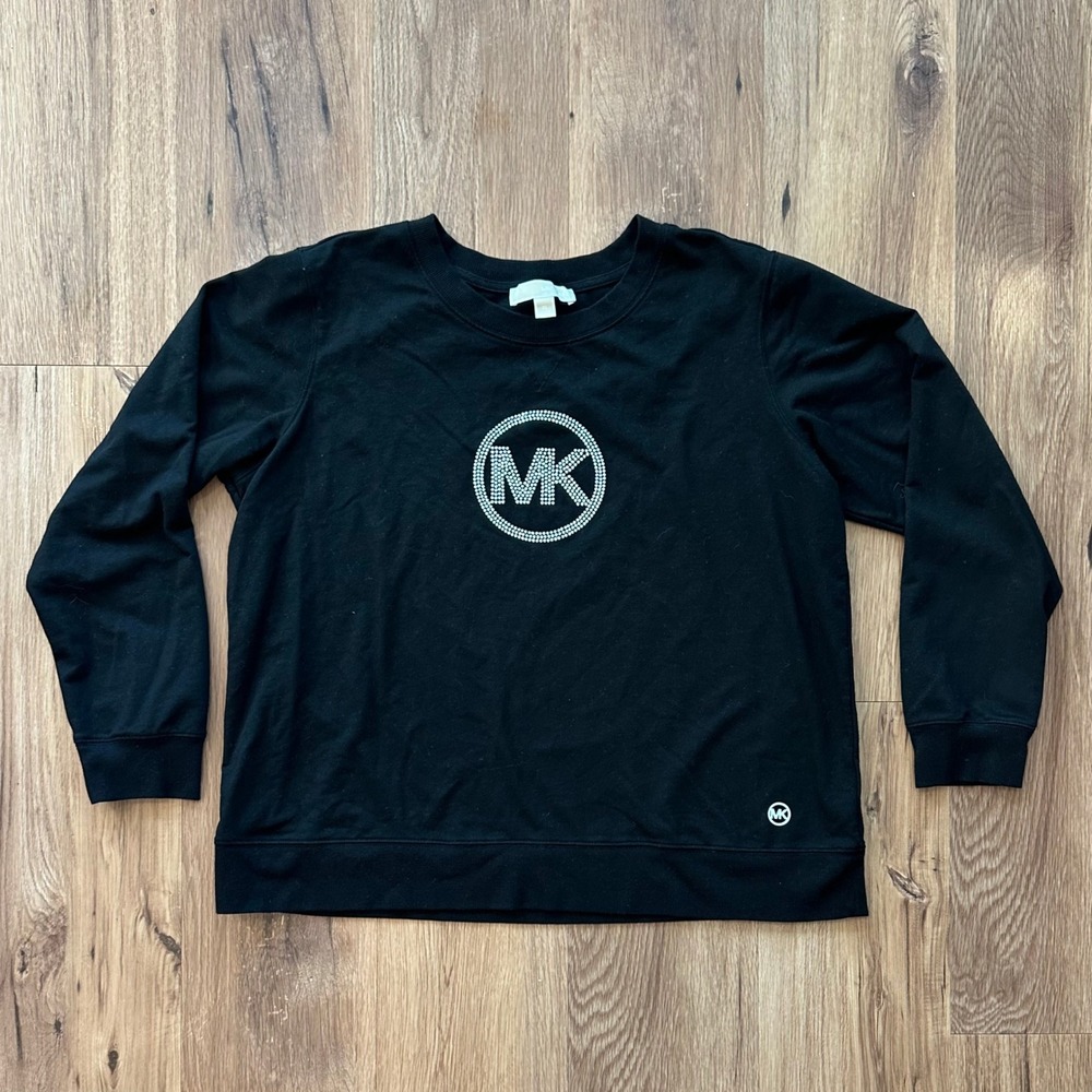 Michael Kors Womens XL Black Studded MK Circle Logo Sweatshirt Pullover